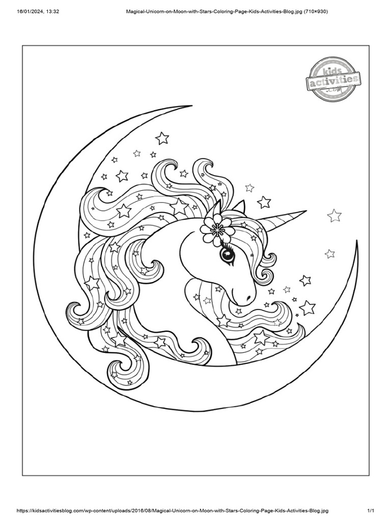 Magical Unicorn On Moon With Stars Coloring Page Kids Activities Blog | PDF