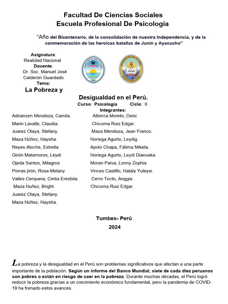 Pobreza y Desigualdad en el Perú 2024 | PDF | Ciencias sociales ...