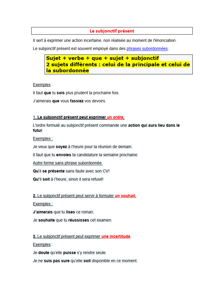 Le Subjonctif Présent en Français | PDF | Verbe | Conjugaison