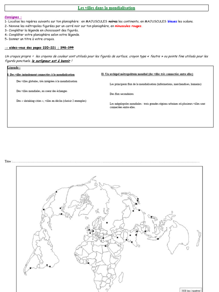 Villes et Mondialisation : Planisphère à Compléter | PDF