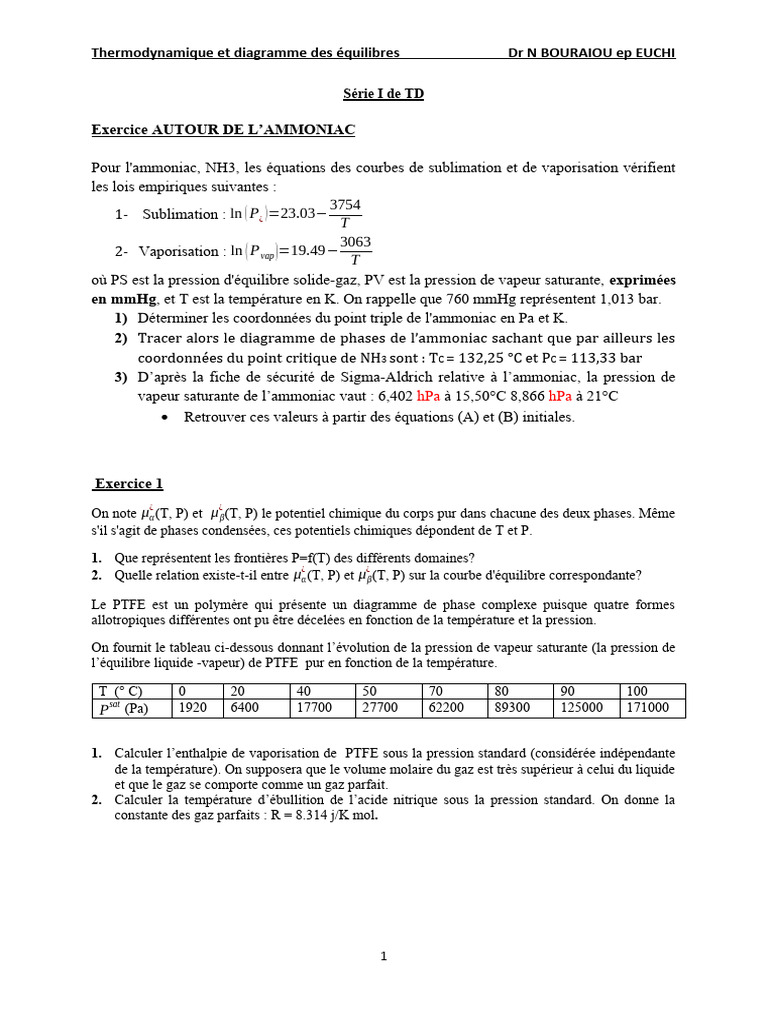 Thermodynamique de l'ammoniac et PTFE | PDF | Enthalpie de changement d ...