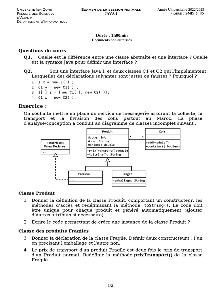 Examen Java 1 - Session Normale 2023 | PDF | Interface (Informatique ...