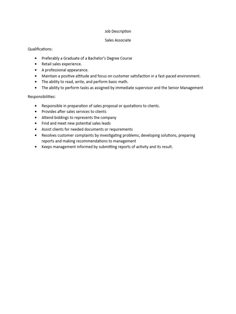 Job Description Of Sales Support Supervisor