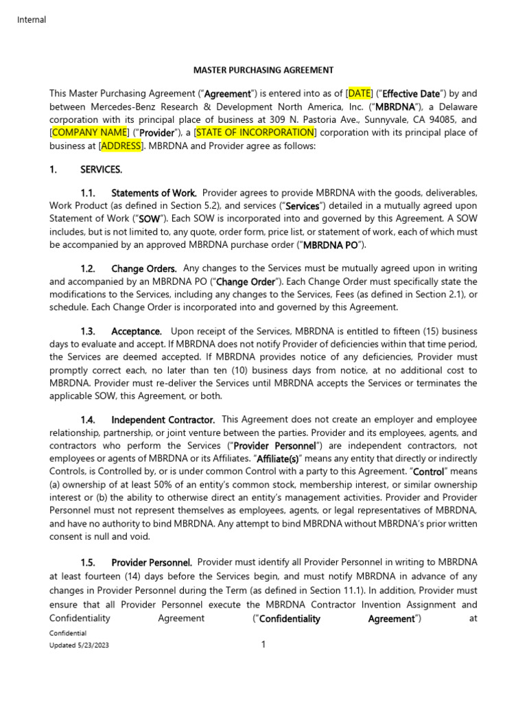 2023 5 23 MBRDNA Master Purchasing Agreement Template PDF