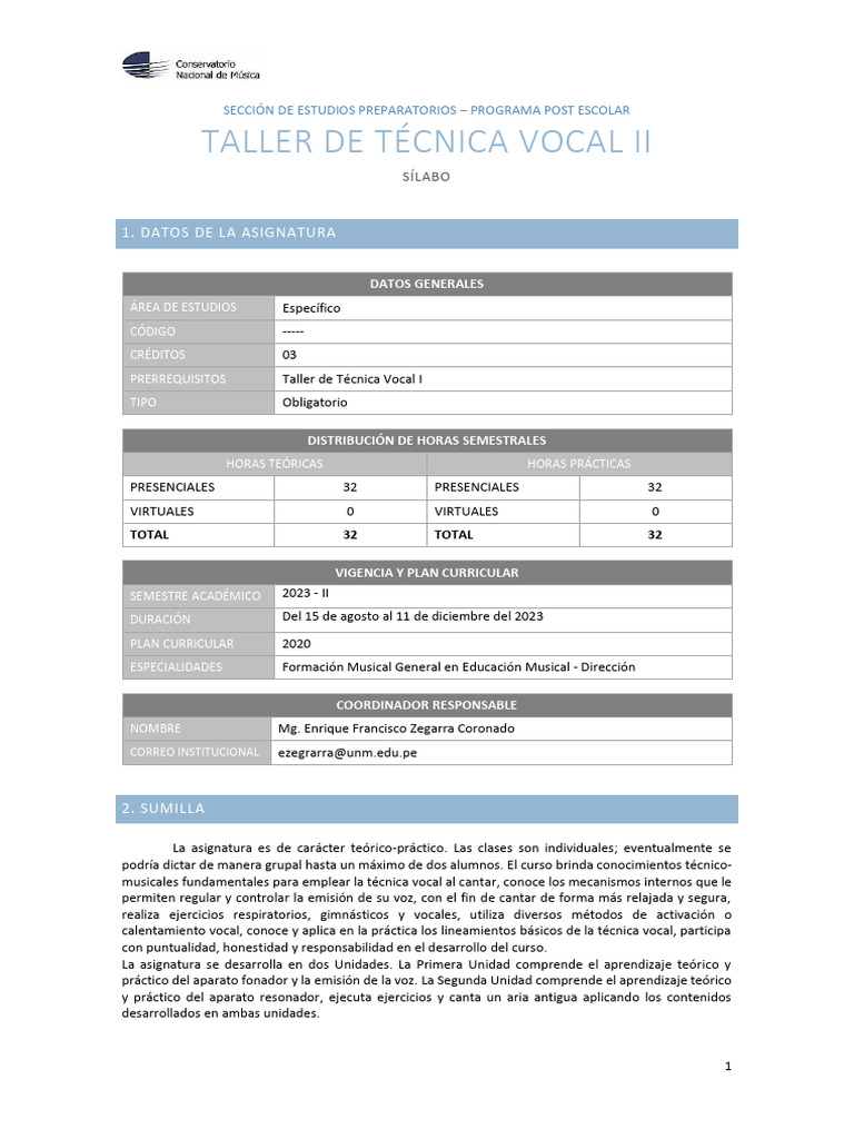 SÍLABO TALLER DE TÉCNICA VOCAL II - Post Escolar 2023 | PDF | Canto ...