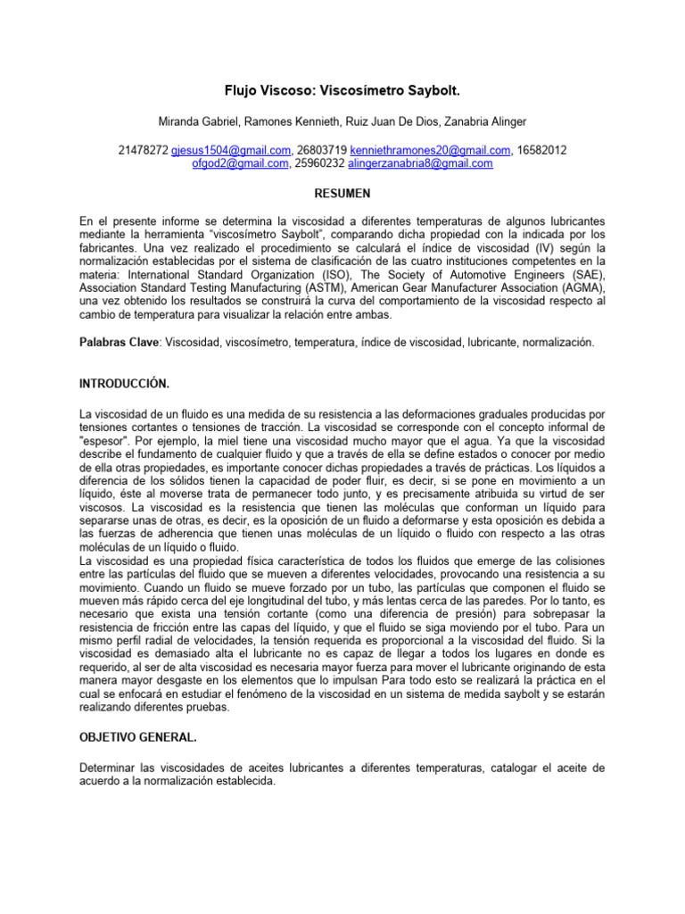 Informe Final de La Practica 5 | PDF | Viscosidad | Lubricante