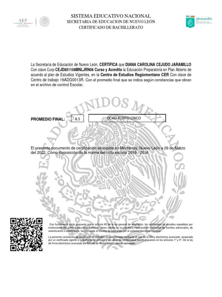 Certificado de Bachillerato CER Nuevo León | PDF