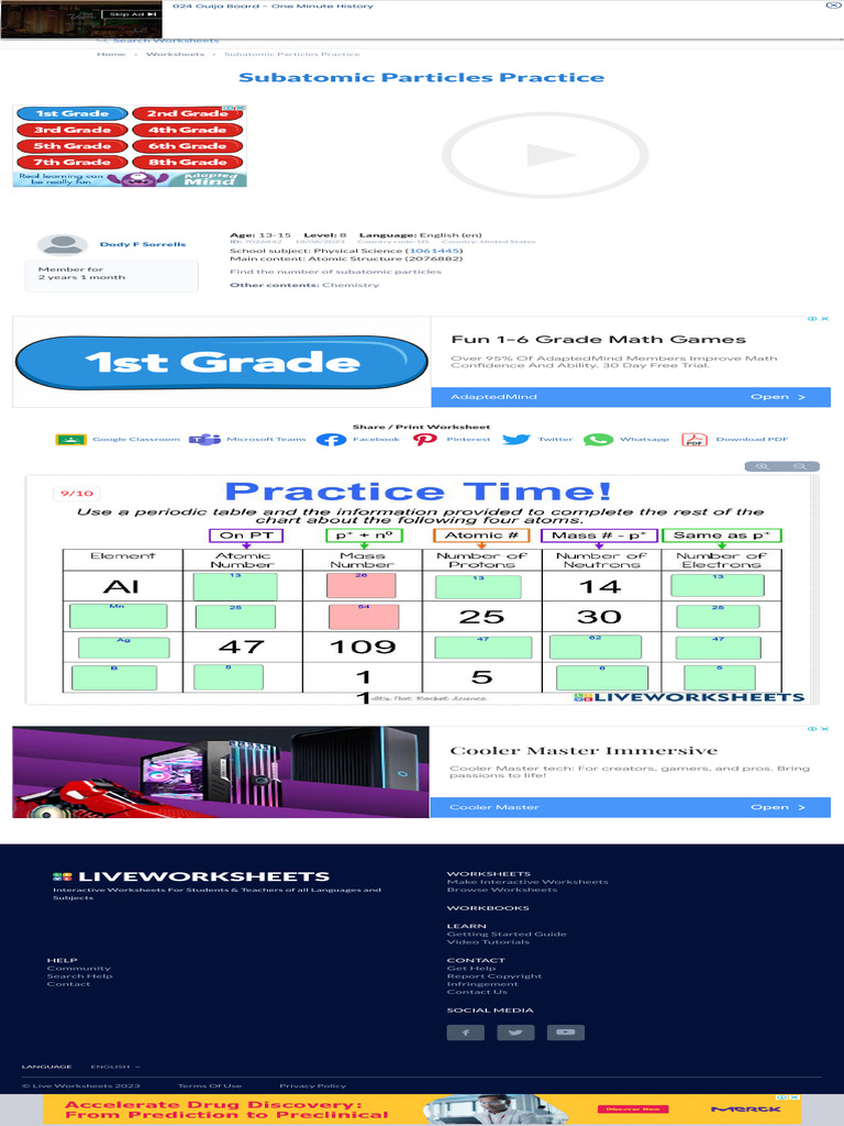 Subatomic Particles Practice Worksheet Live Worksheets | PDF | Worksheet