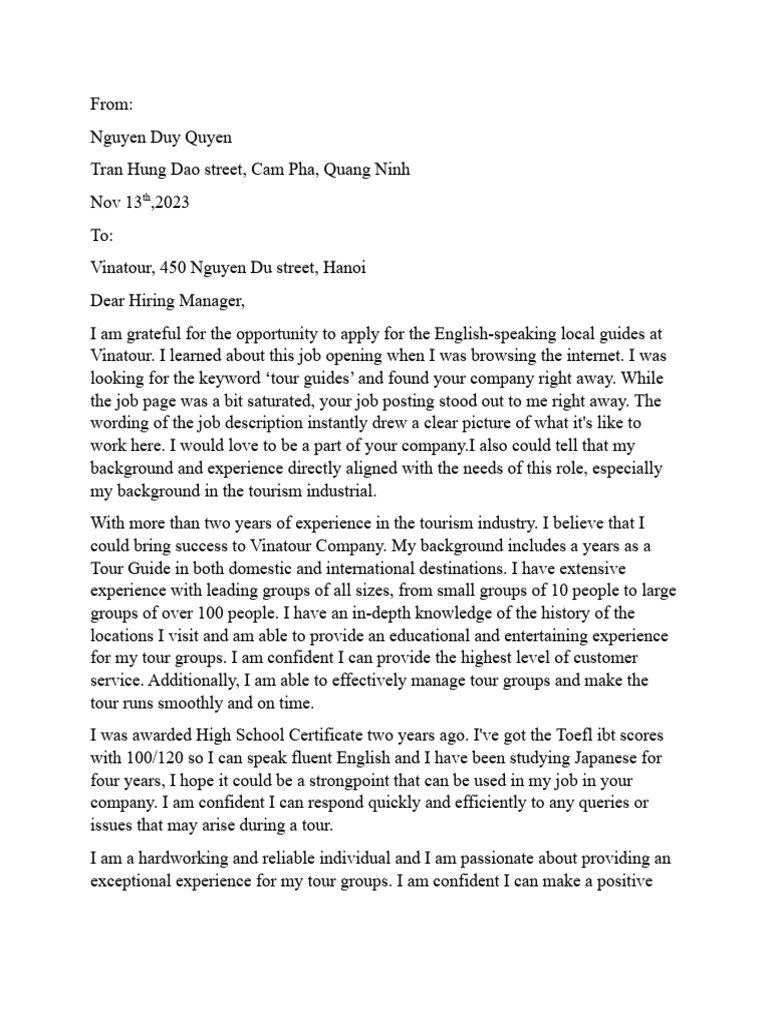 Write a letter to vinatour to apply as a tour guider pdf career