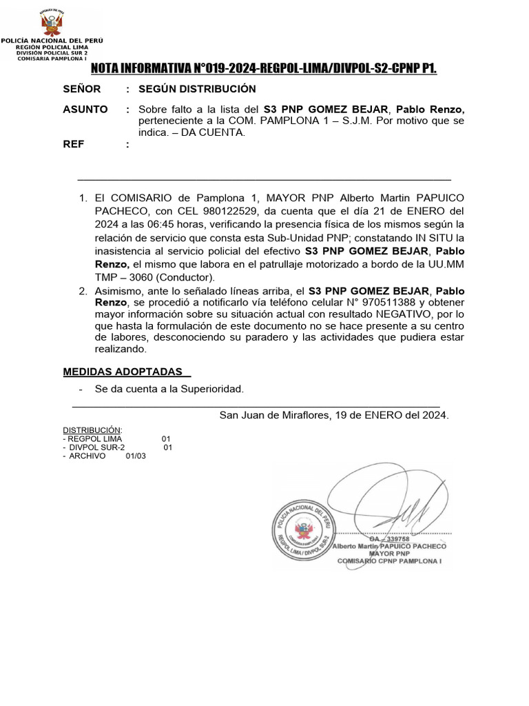 Nota Informativa N°019-Falto Al Servicio Gomez Bejar | PDF