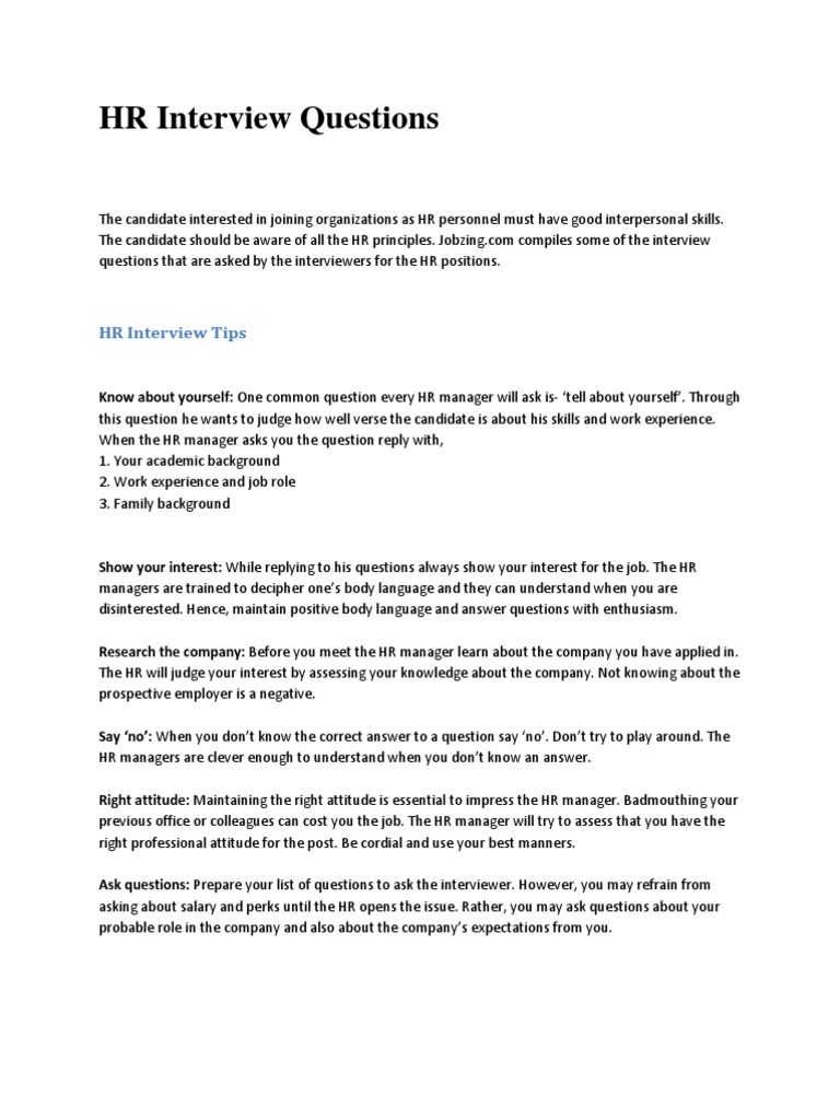 HR Interview Questions PDF Human Resource Management Performance