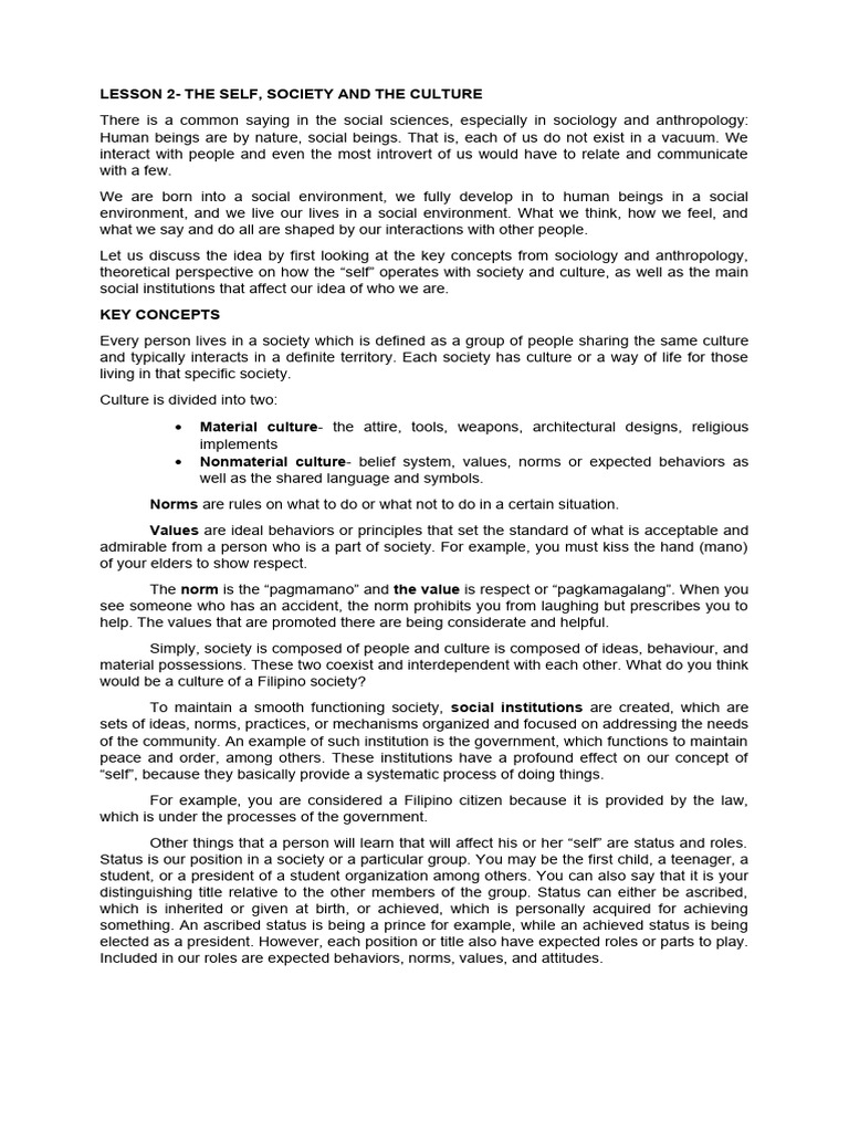 Lesson 2 The Self Society and Culture Students | PDF | Wellness