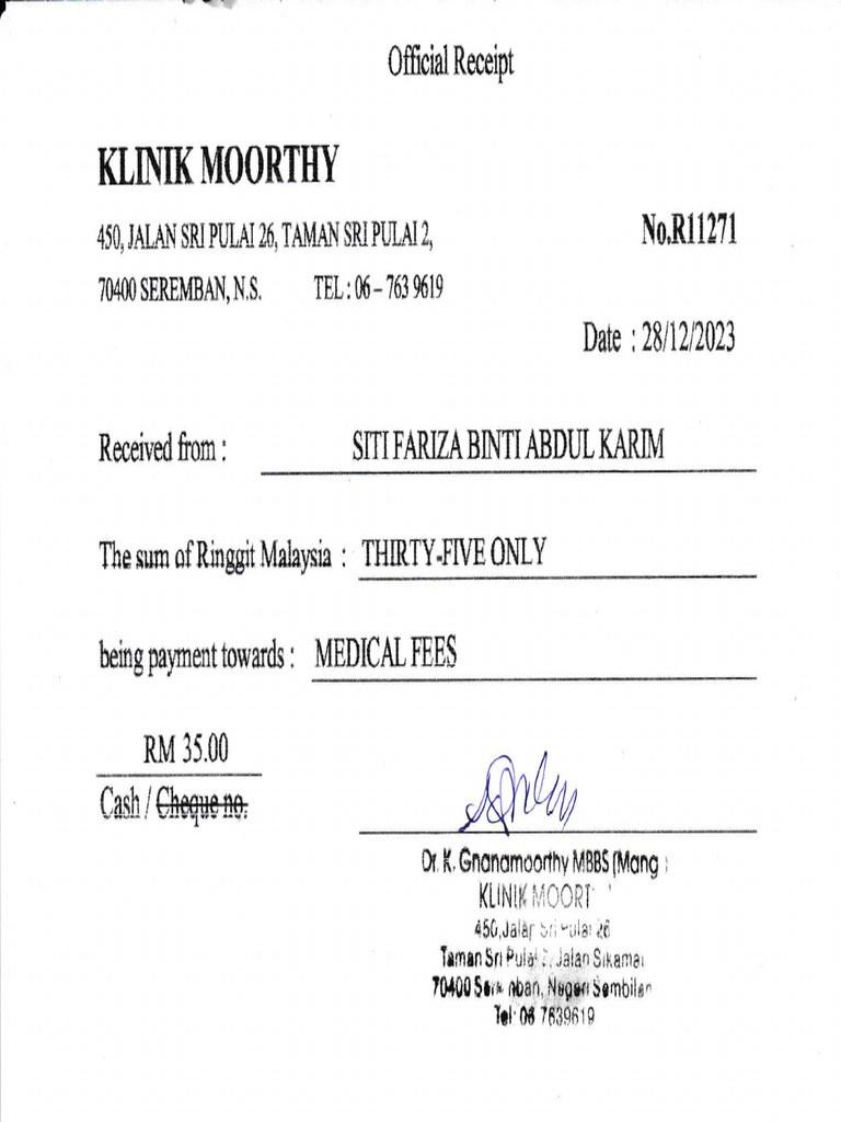 Resit Bayaran Klinik Moorthy | PDF