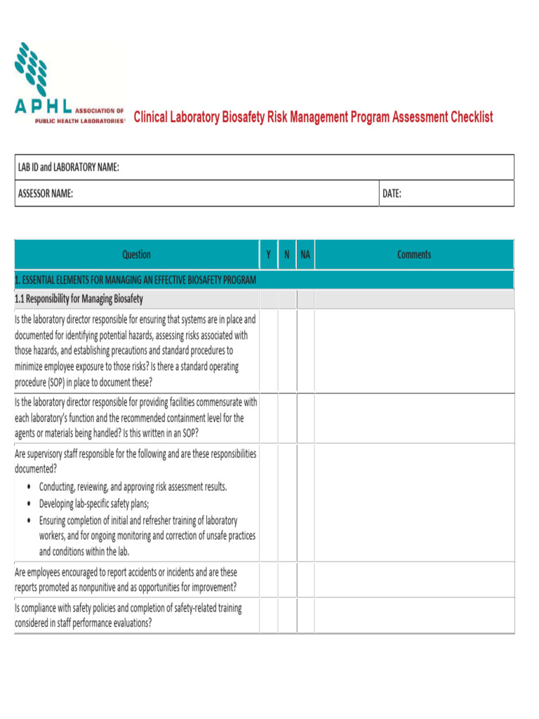 Biosafety Risk Management Checklist | PDF | Laboratories | Infection