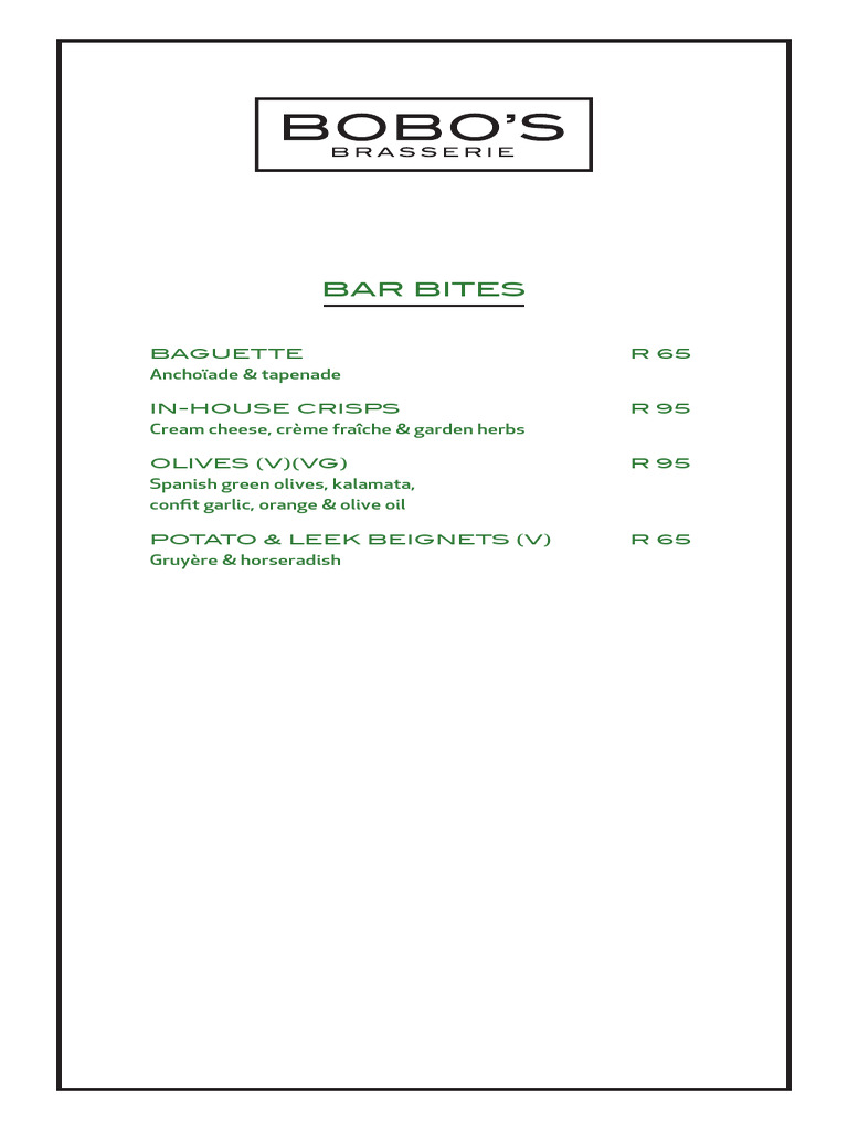Bobo's Restaurant Menu Overview | PDF