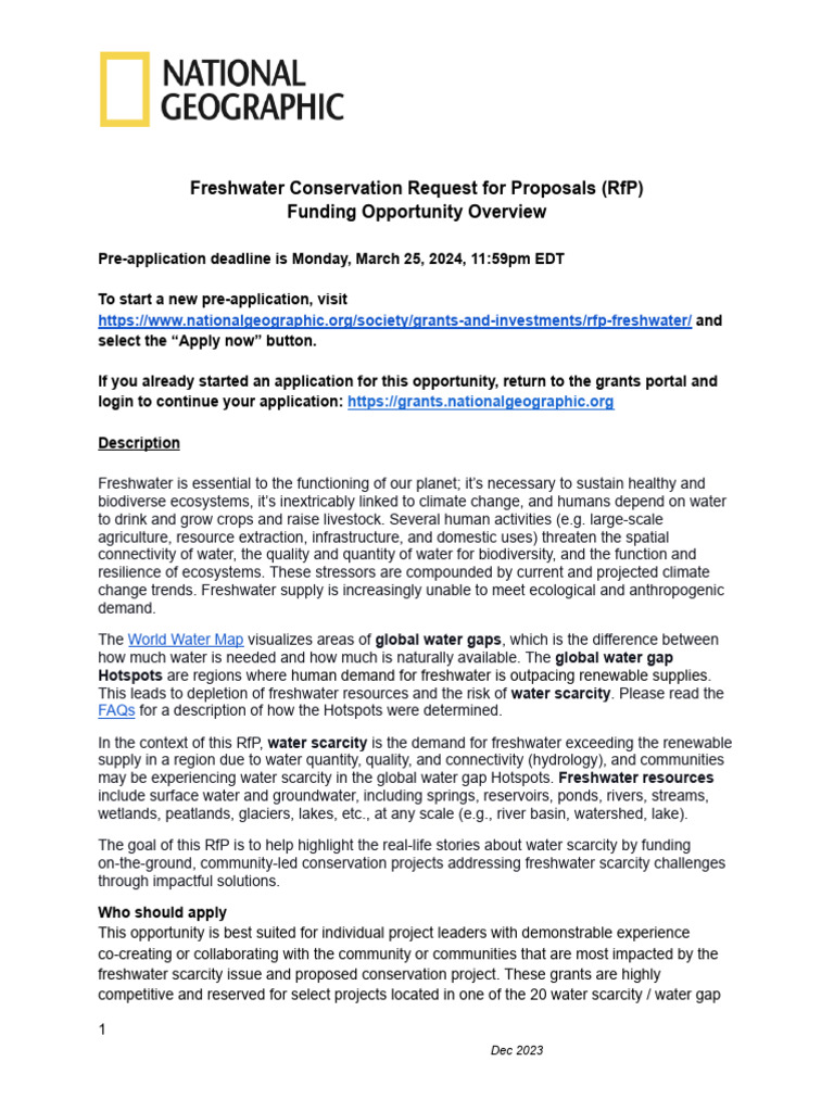 Freshwater Conservation RfP Overview | PDF | Water | Water Scarcity