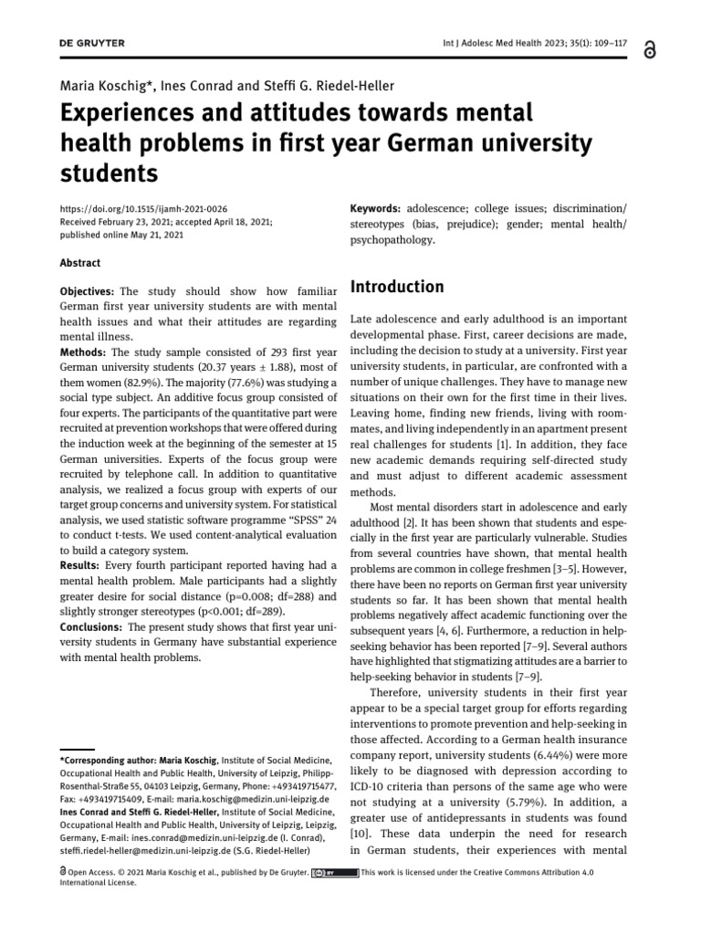 Mental Health Awareness in German Freshmen | PDF | Mental Disorder ...