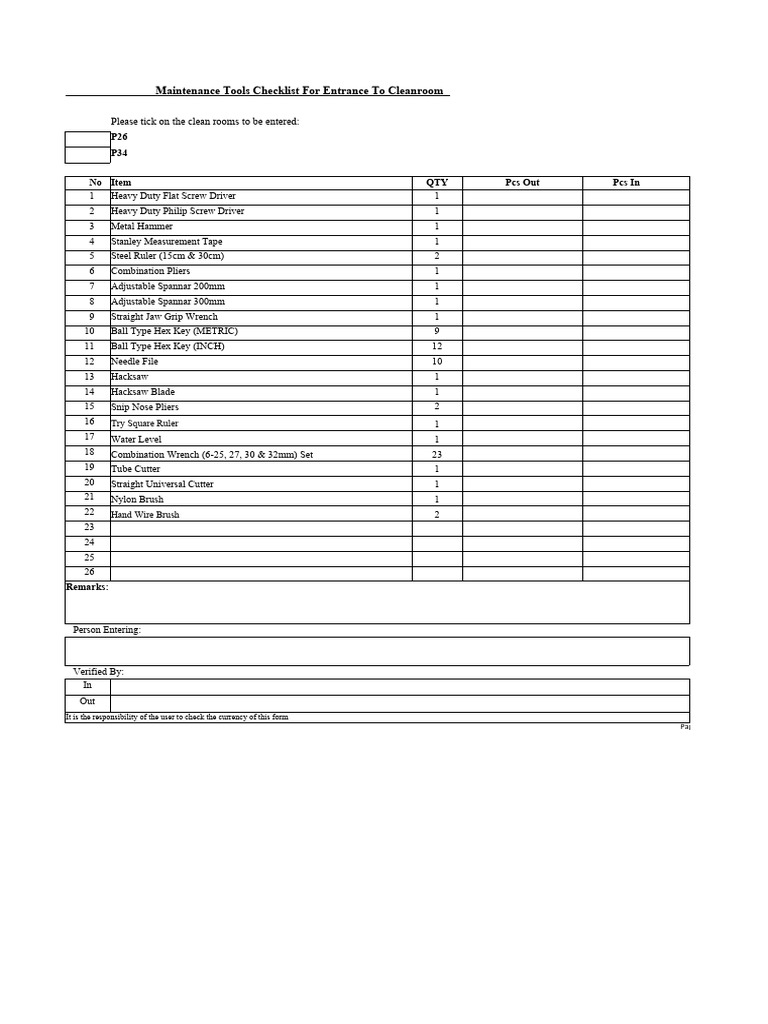 Cleanroom Maintenance Tools Checklist | PDF