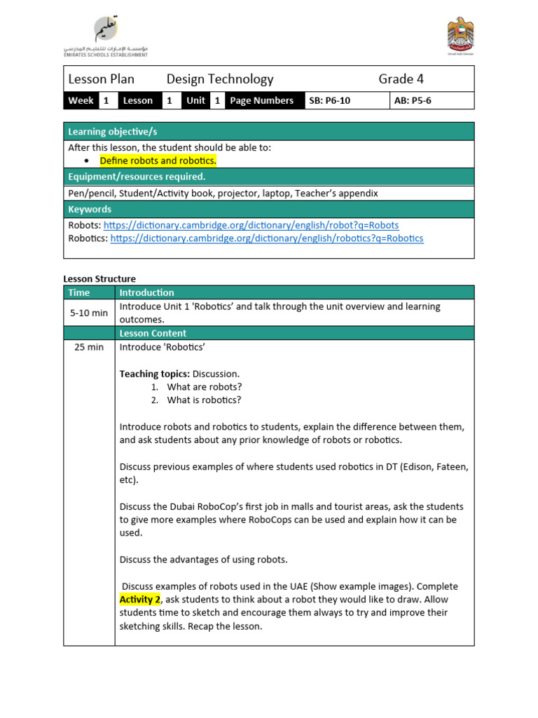 Lesson Plan Design Technology Grade 4 | PDF | Learning | Teaching