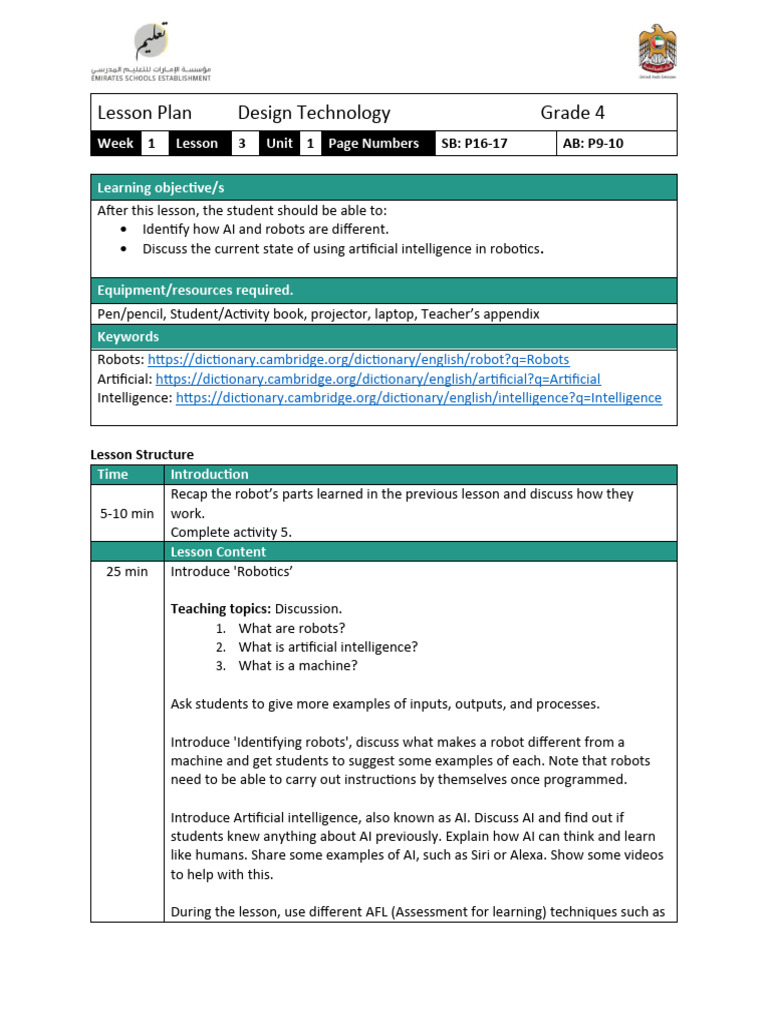 Lesson Plan Design Technology Grade 4 | PDF | Intelligence (AI ...