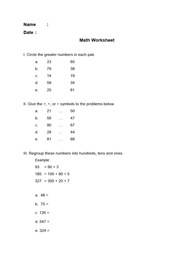 Math Worksheet Big and Small Numbers PDF