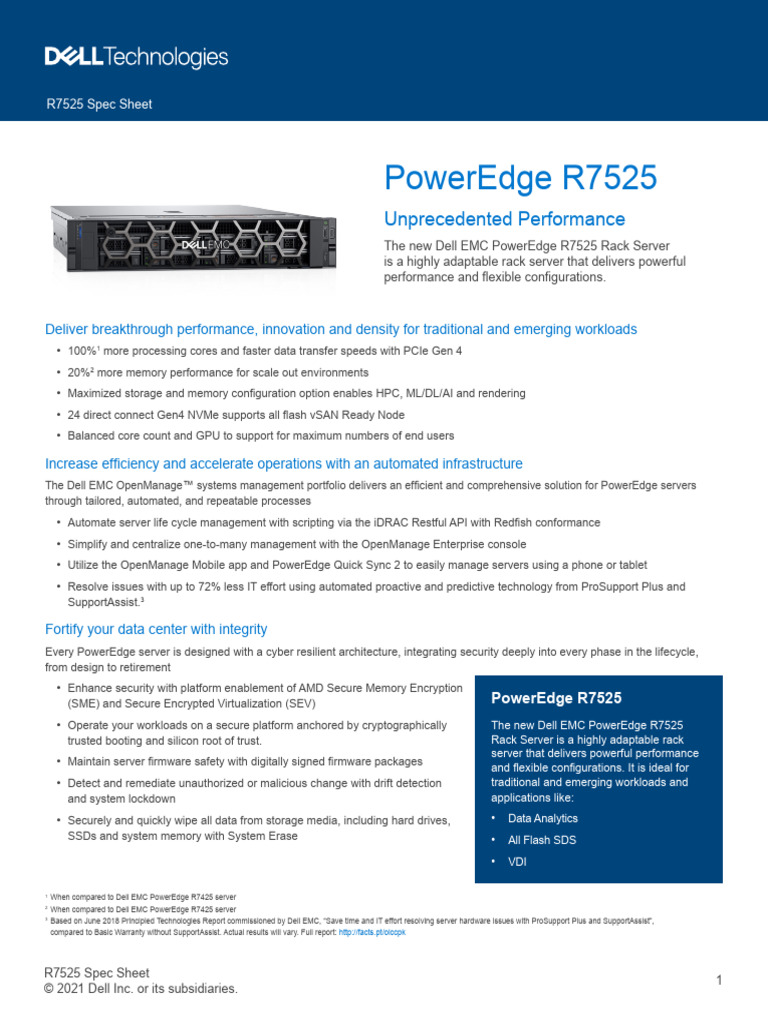 Dell EMC PowerEdge R7525 15G Spec Sheet PDF Solid State Drive Dell