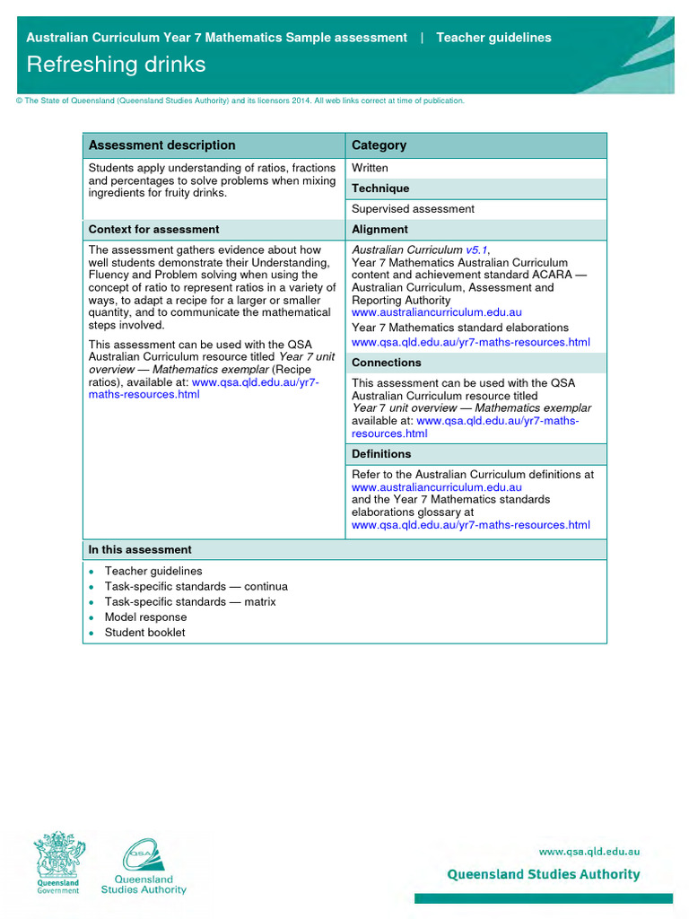 Year 7 Math Assessment: Drink Ratios | PDF | Ratio | Numbers