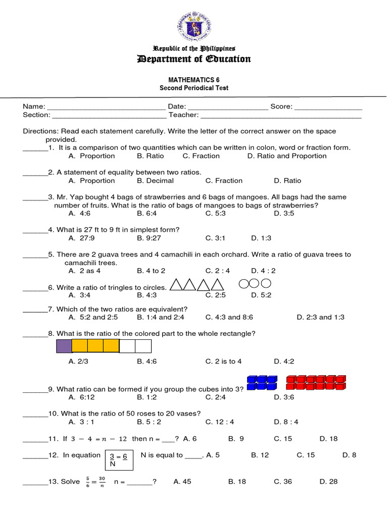 Grade 6 Math 2nd Periodical Test | PDF | Ratio | Multiplication