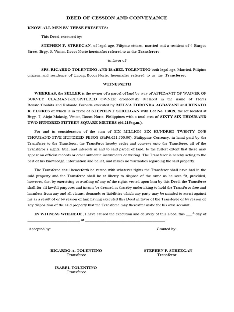 Deed of Cession for Lot 13819 | PDF | Deed | Environmental Law