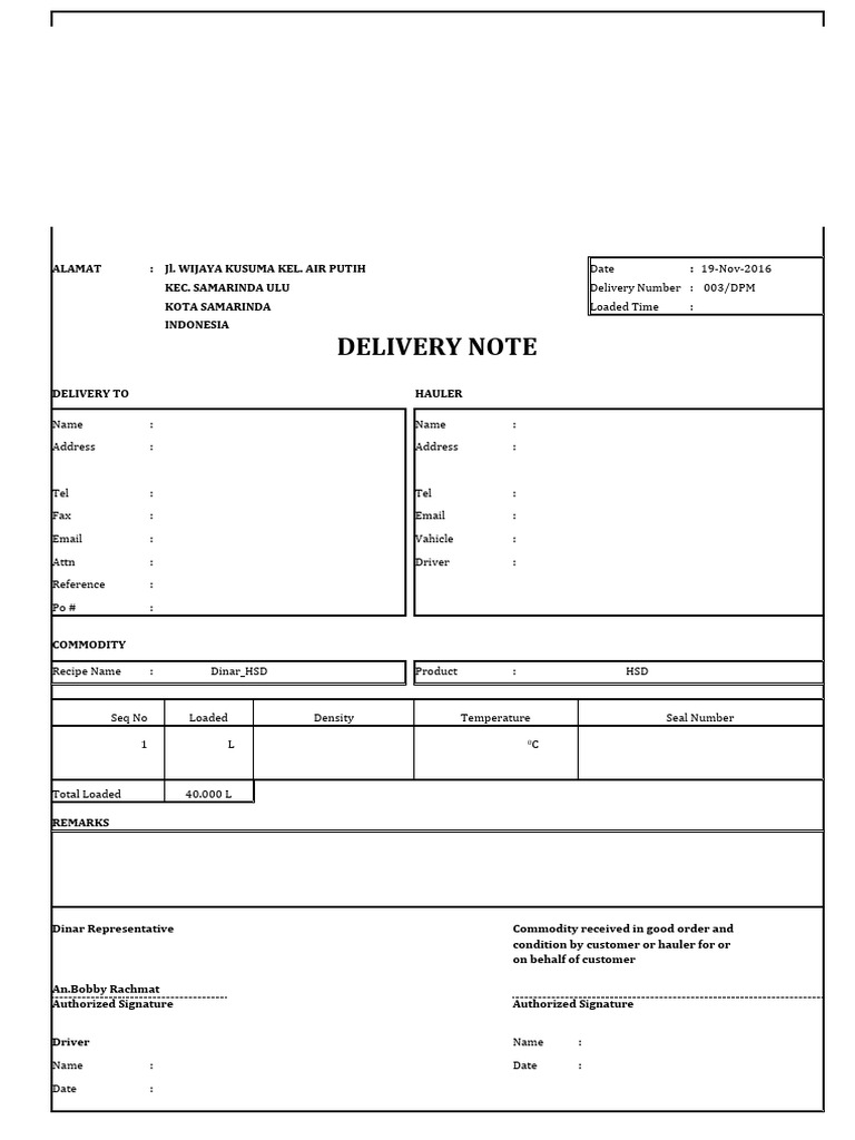 Delivery Note for PT Pelita Sakti | PDF
