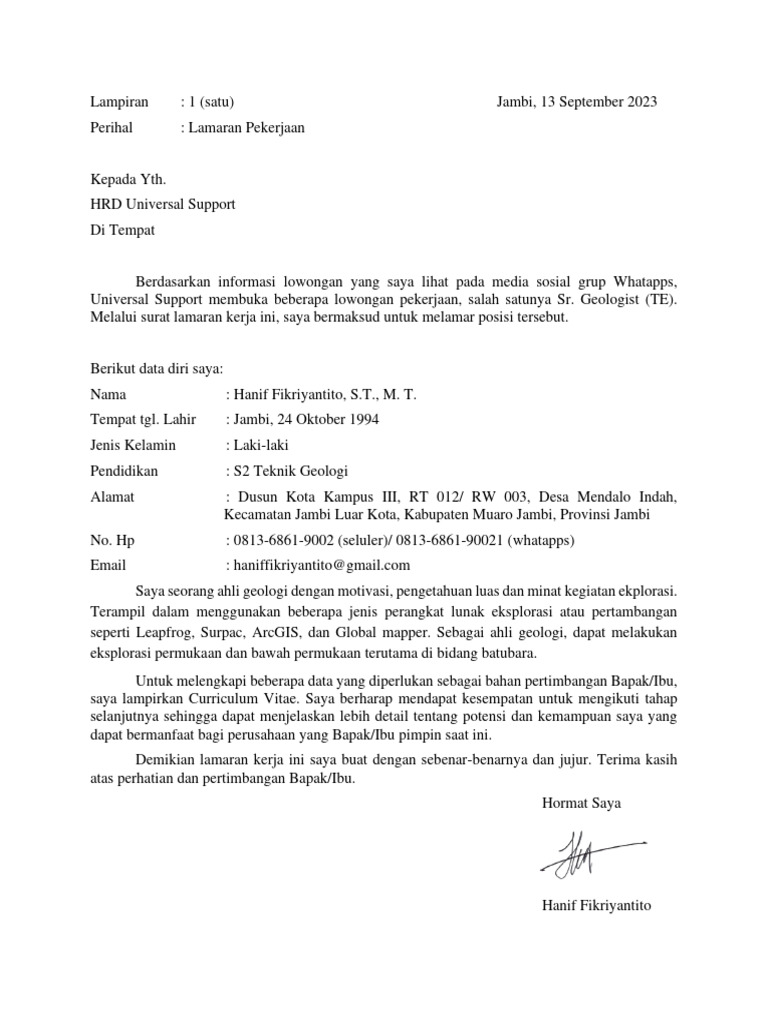 Surat lamaran universal support pdf