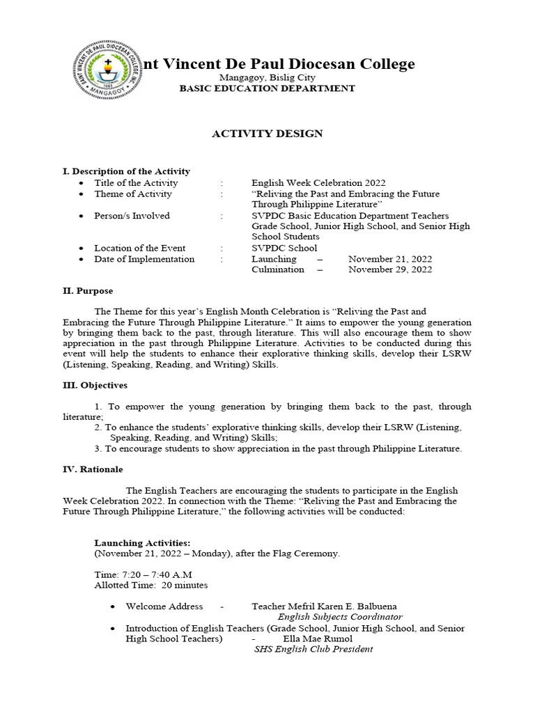 Activity Design For Eng Week Celebration 2022 Pdf