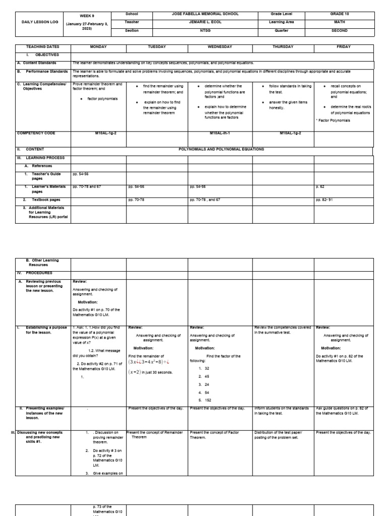 DLL Math 10 Q2 - W9 | PDF