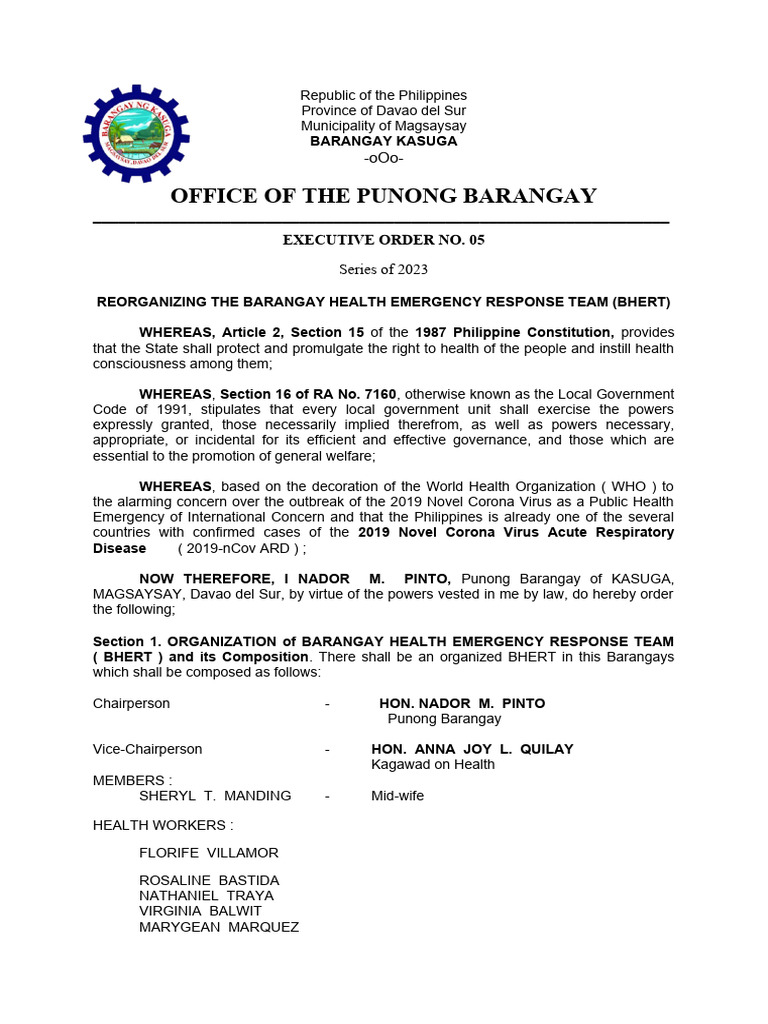 Reorganizing the Barangay Health Emergency Team | PDF | Government