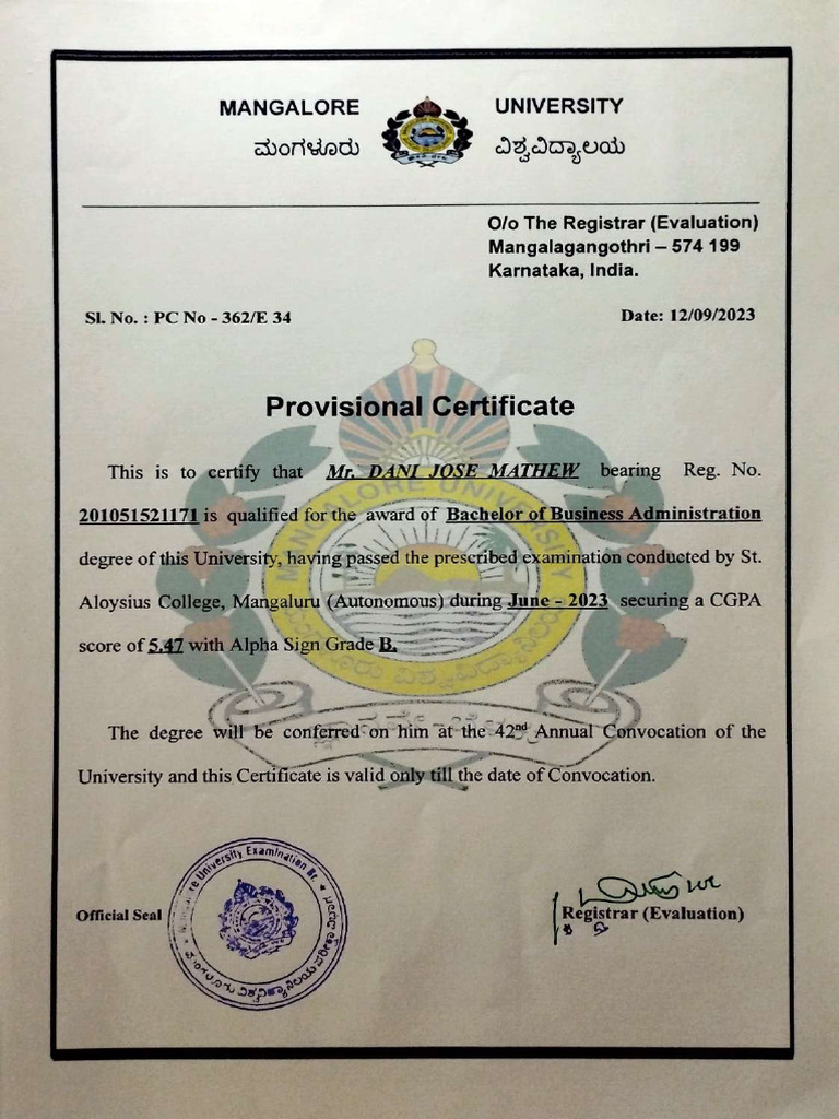 Mangalore University Provisional Certificate | PD…
