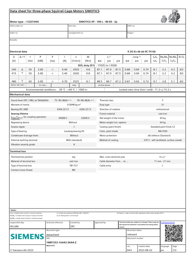 SIMOTICS XP 100 L Motor Datasheet | PDF | Manufactured Goods ...