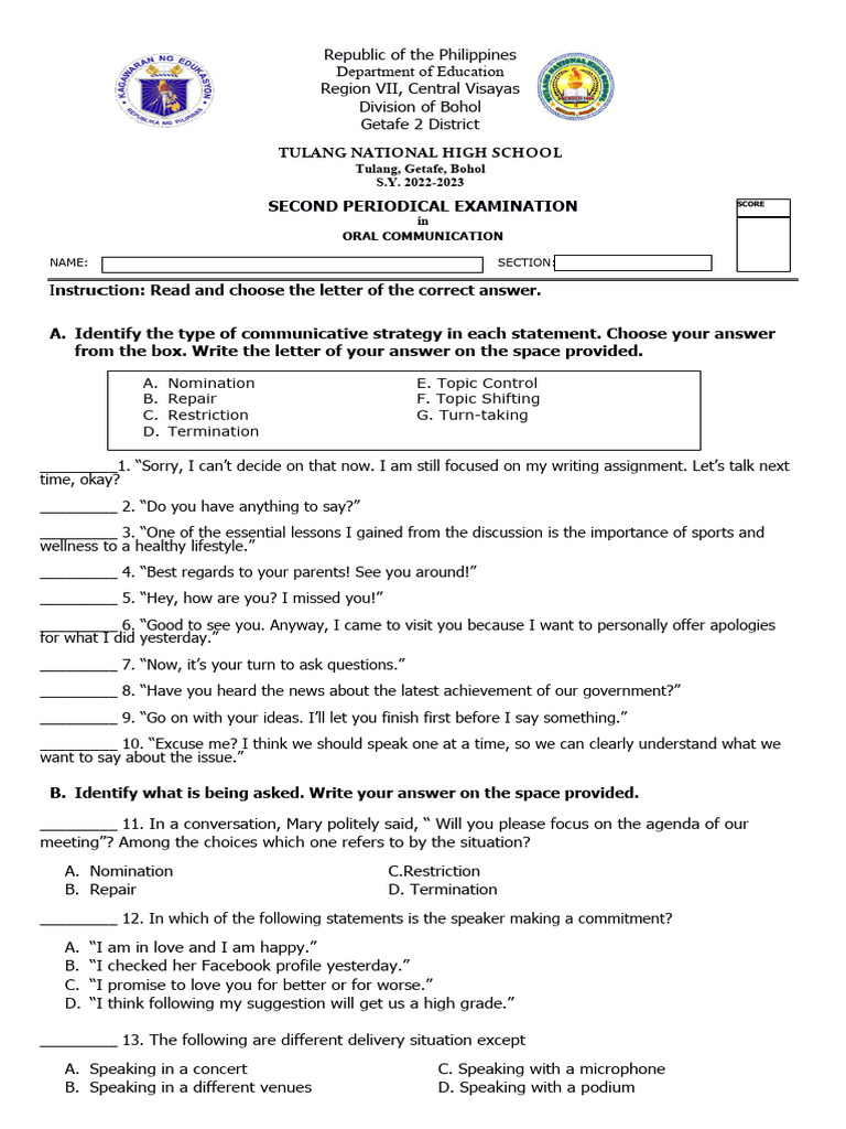 Grade 11 Oral Communication Exam Q2 | PDF | Persuasion | Speech
