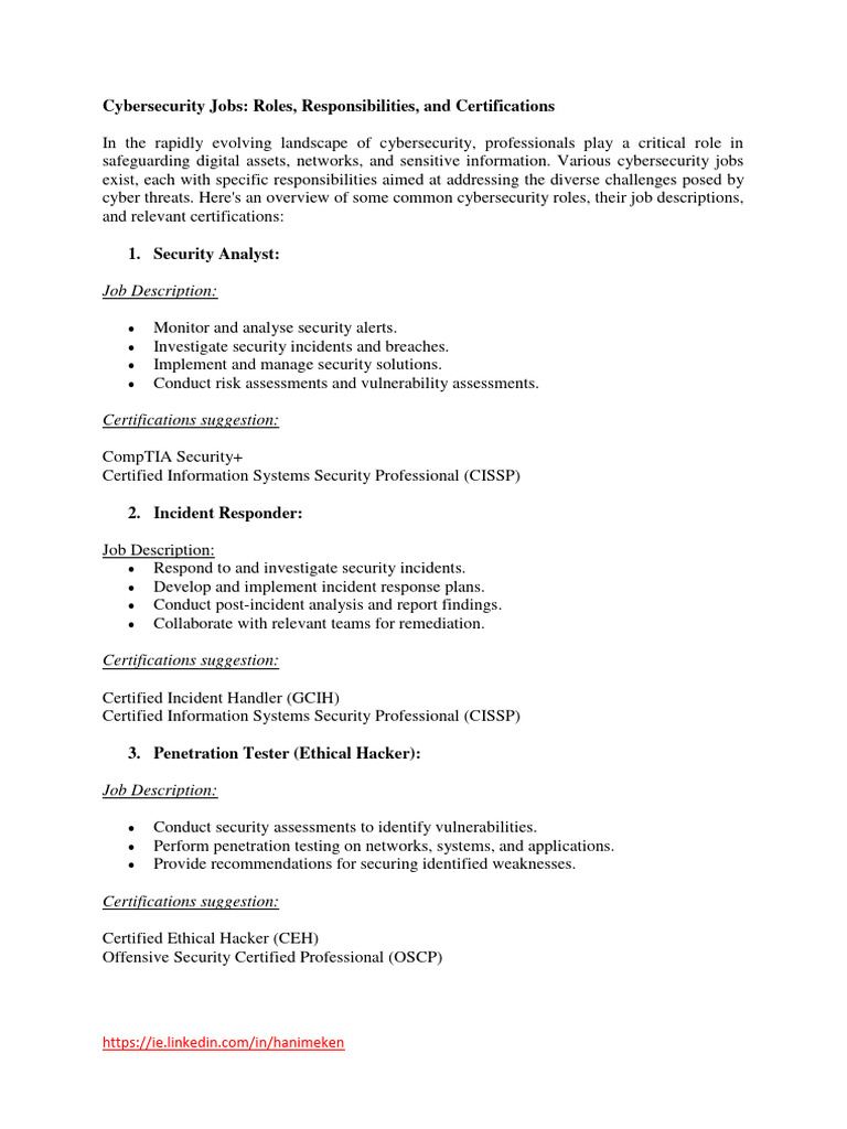 Cybersecurity Job Roles and Descriptions | PDF | Security | Computer ...