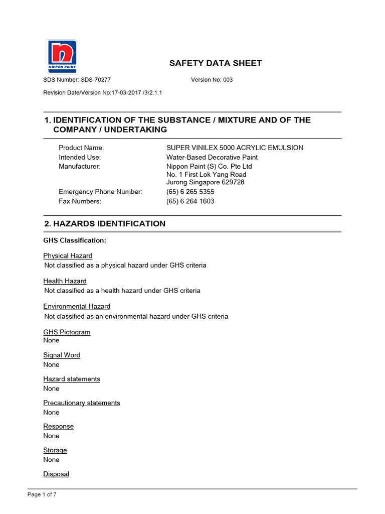 Super Vinilex 5000 Acrylic Emulsion Sds 170317 PDF Dangerous Goods Toxicity