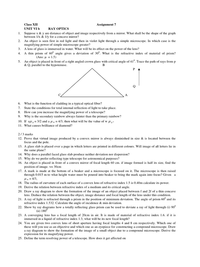 Class 12 Ray Optics Assignment | PDF | Refractive Index | Optics
