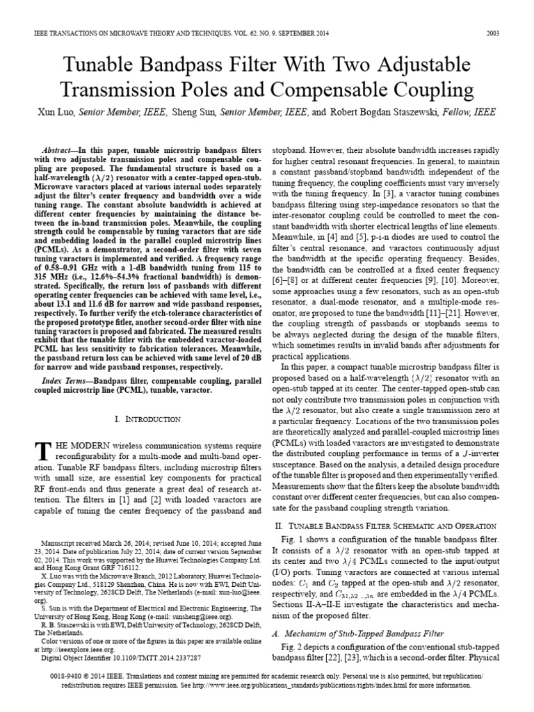 Tunable Bandpass Filter With Two Adjustable Transmission Poles and ...