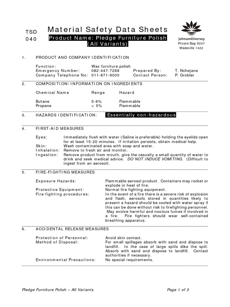 MSDS Furniture Polish Spray (PLEDGE) PDF Physical Sciences Labor