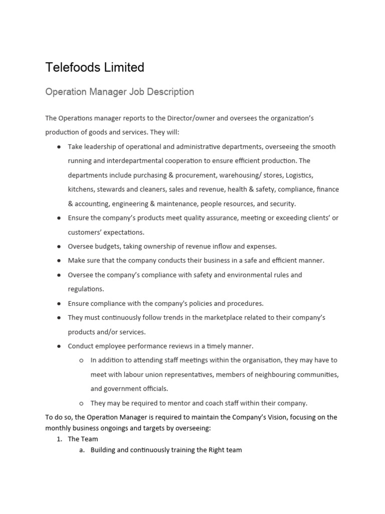 Operation Manager Job Description PDF Regulatory Compliance Logistics