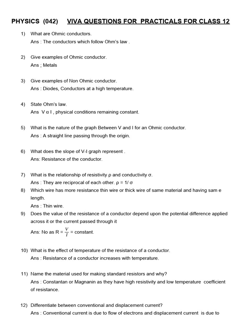 Viva questions for physics practicals for class 12 with answers pdf