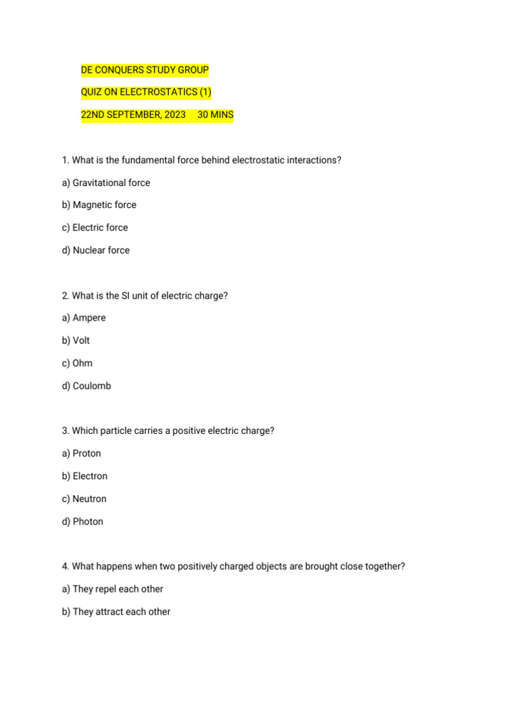 Electrostatics Quiz | PDF