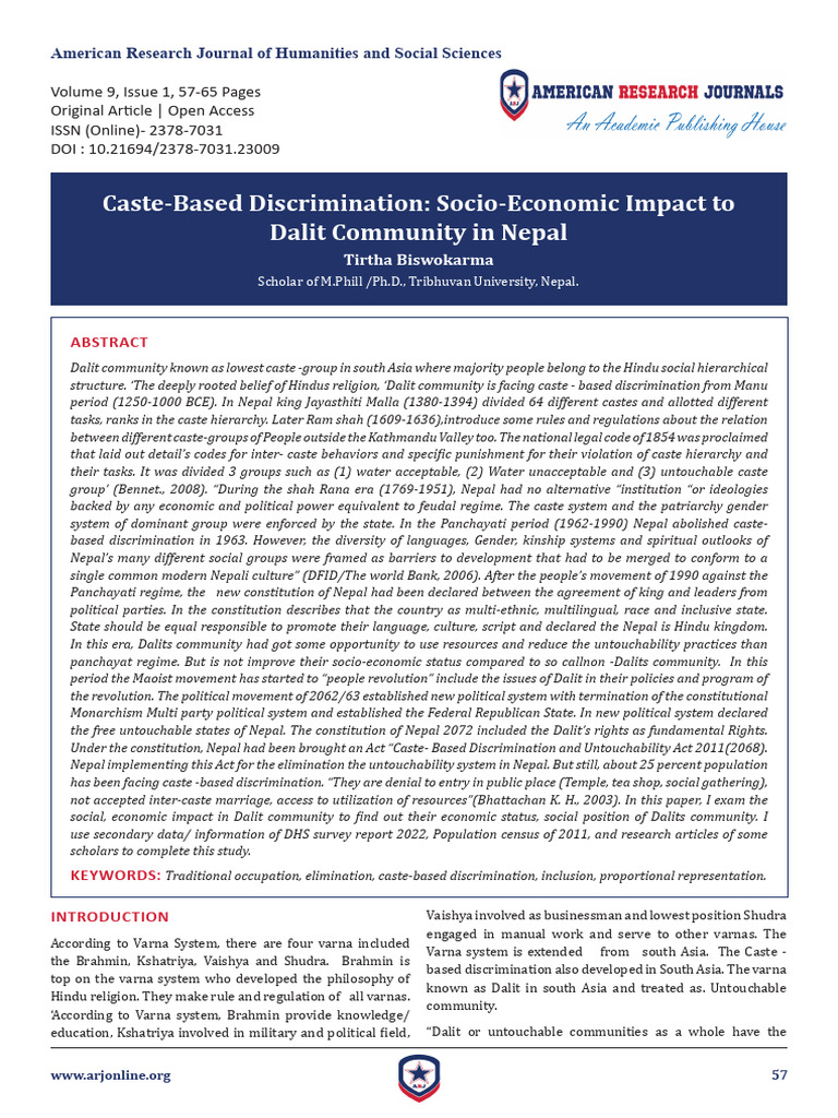 Caste Based Discrimination and Socio Economic Status of Dalit in Nepal ...