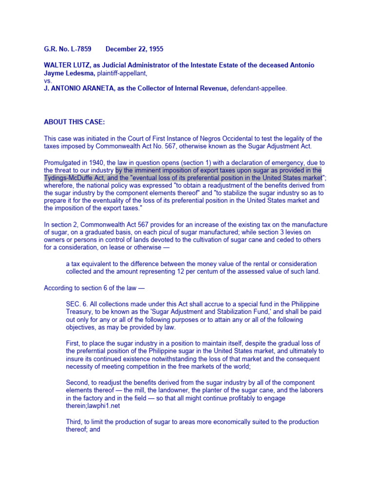 2 Lutz vs. (98 PHIL 148) PDF Taxes Sugarcane