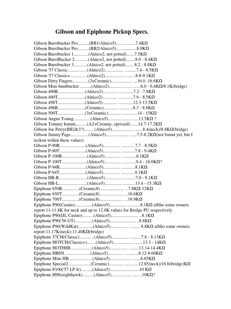 Gibson & Epiphone Pickup Specs PDF Celtic Musical Instruments