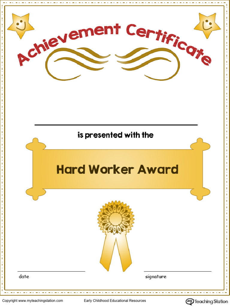 Kids Achievement Certificate Hard Worker Award in Color | PDF