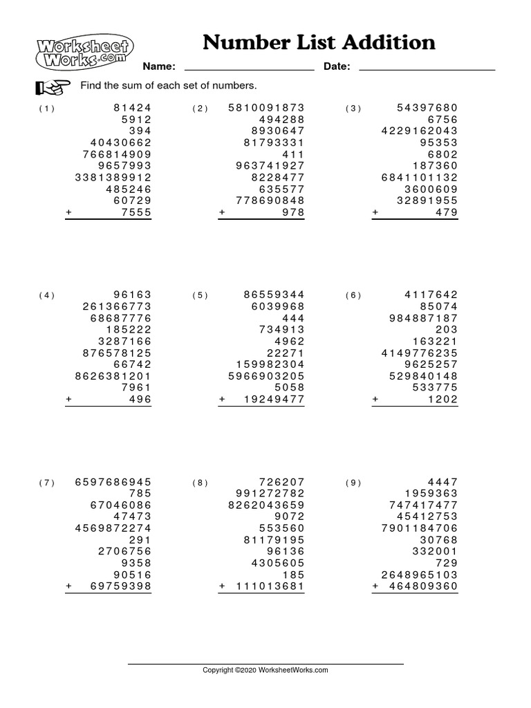 WorksheetWorks Number List Addition 1 | PDF